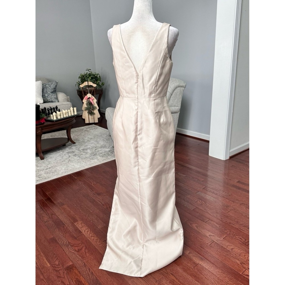 Alfred Sung Beige Champagne Satin‎ Plunge Gown Dress with Pockets Size 8 - Picture 4 of 11